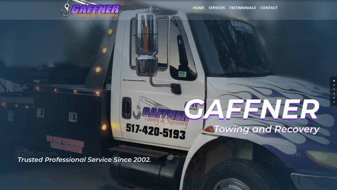 Home Page of the Gaffner Towing and Recovery website project